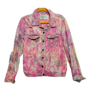 Long sleeve collared denim jacket pink blue Medium
